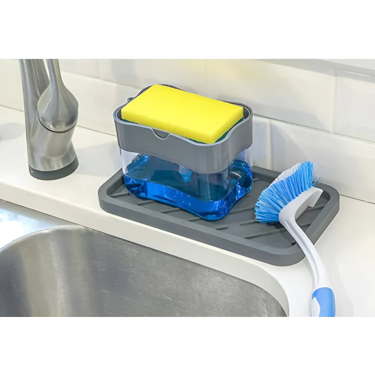 Plastic kitchen soap dispenser in grey, silver, black, or pink colours measuring 14.5 x 9.5 x 13.5 cm