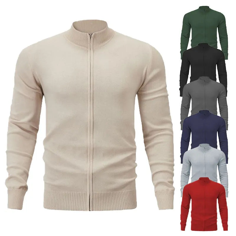 Stand collar casual sports sweater with zip front in solid colour, loose fit for youth daily wear