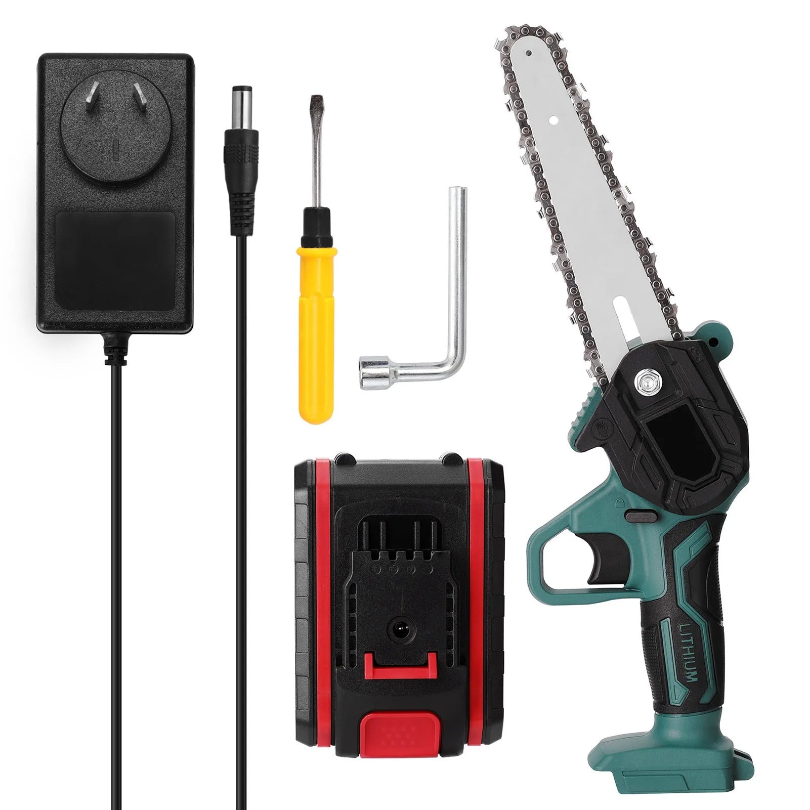 Black mini electric chainsaw with 4-inch guide, lithium battery, and 550W motor for cutting 100mm wood
