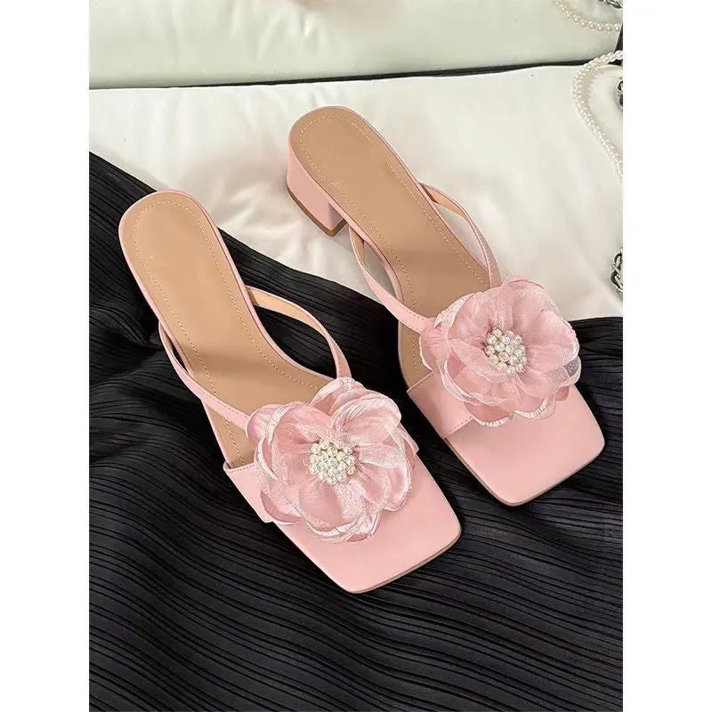 Korean style women's sandals with chunky heel and square toe design in cream-white colour