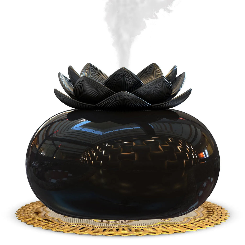 Pure black Lotus ultrasonic humidifier with round ceramic design and USB cable connection
