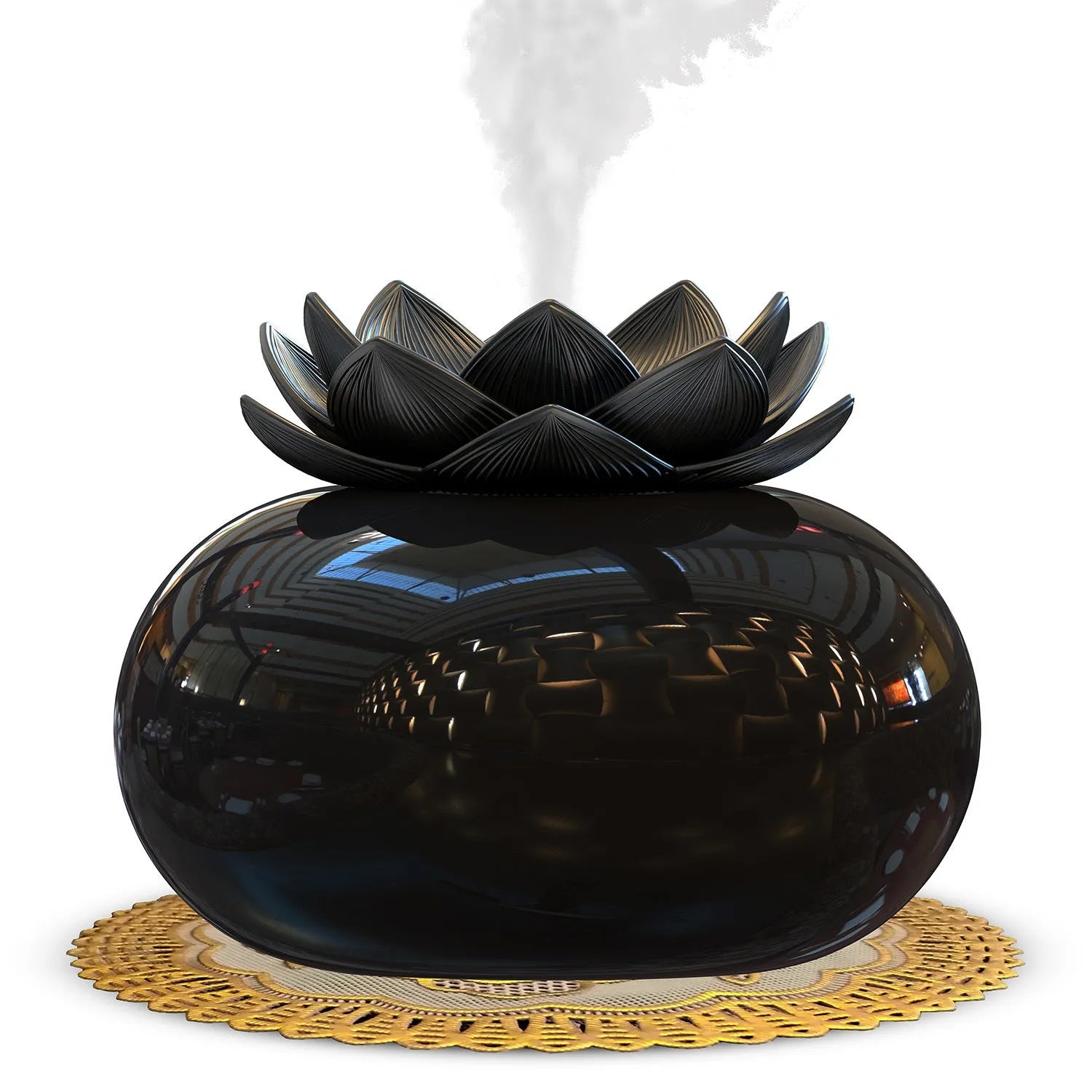 Black round ultrasonic humidifier with USB cable, ceramic aromatherapy component, and mechanical control dial