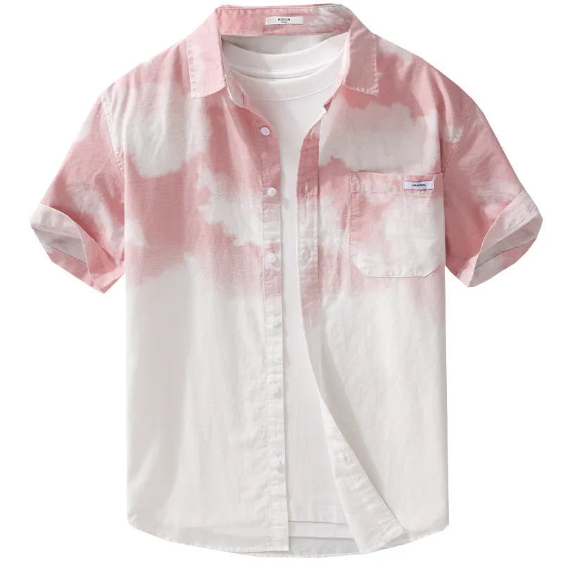 Man wearing a light pink loose-fit pure cotton short sleeve casual shirt for summer.