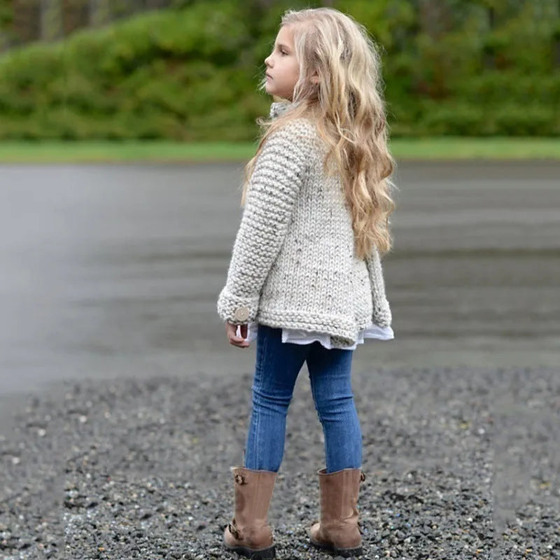 Beige girls cardigan sweater coat with single-breasted closure and long sleeves
