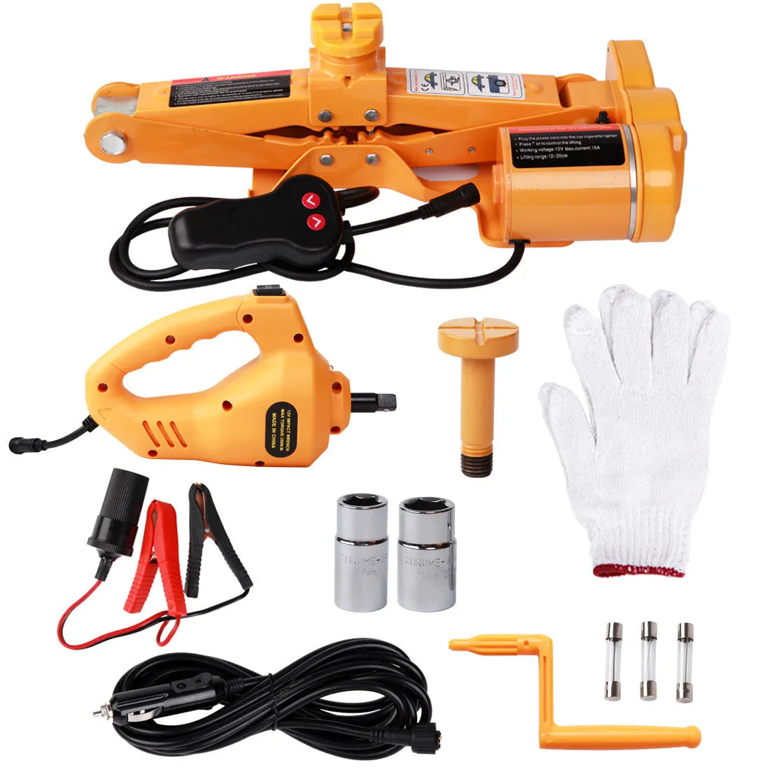 Yellow steel electric car jack and impact wrench set for 12V tyre changes