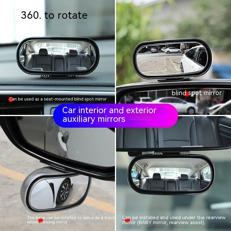 Black 360-degree rotating rearview mirror for car with suction cup mount on a windscreen.