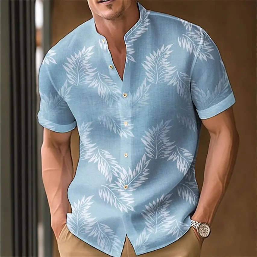 Men's printed casual shirt in polyester fabric showing colour options and relaxed fit