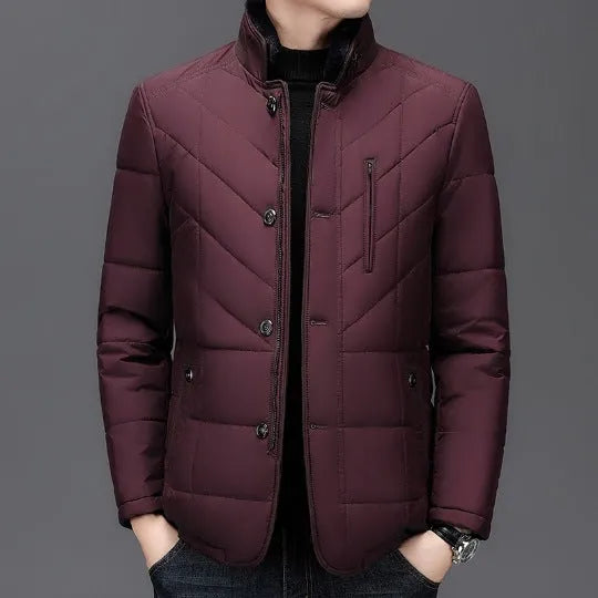 Men's short winter coat in dark blue with side seam pockets and cotton filler, sizes 170/M to 195/4XL