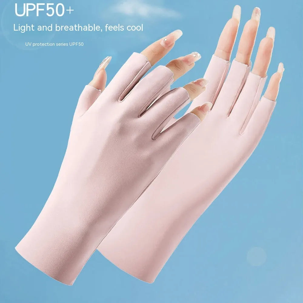 Thin women's ice silk sunscreen gloves with UPF50 protection in multiple colour options