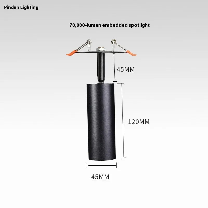 Black and white aluminium embedded cylinder track spotlight for recessed ceiling installation in 55-75mm hole.