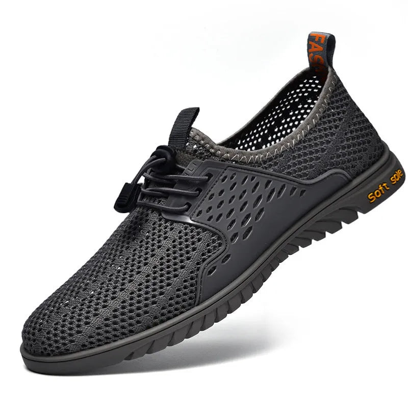 Men's breathable mesh casual shoes in black, grey, and sand colours with rubber sole