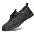 Men's breathable mesh casual shoes in black, grey, and sand colours with rubber sole