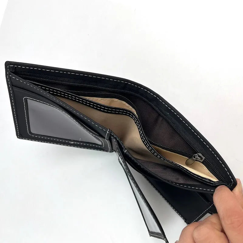 Black men's short wallet with animal pattern design, multiple card slots and zipper closure