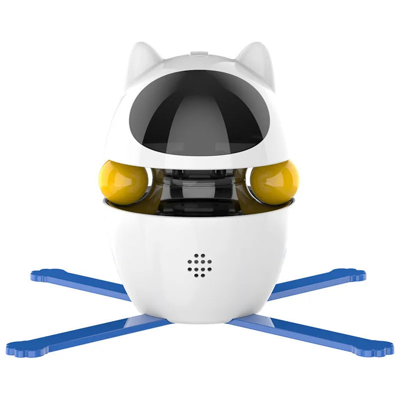 White automatic rotating cat toy with elastic rope and fluffy ball extended during operation