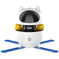 White automatic rotating cat toy with elastic rope and fluffy ball extended during operation