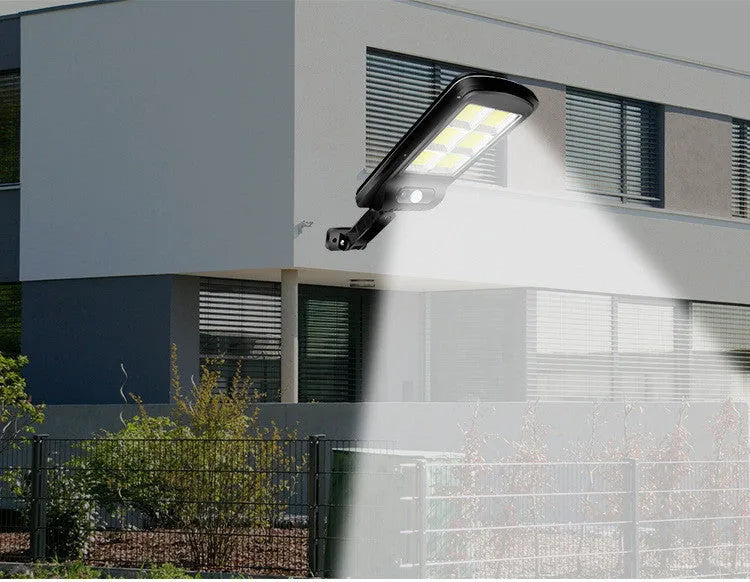 Black solar street light with motion sensor for outdoor gardens, showing PIR detection and solar panel