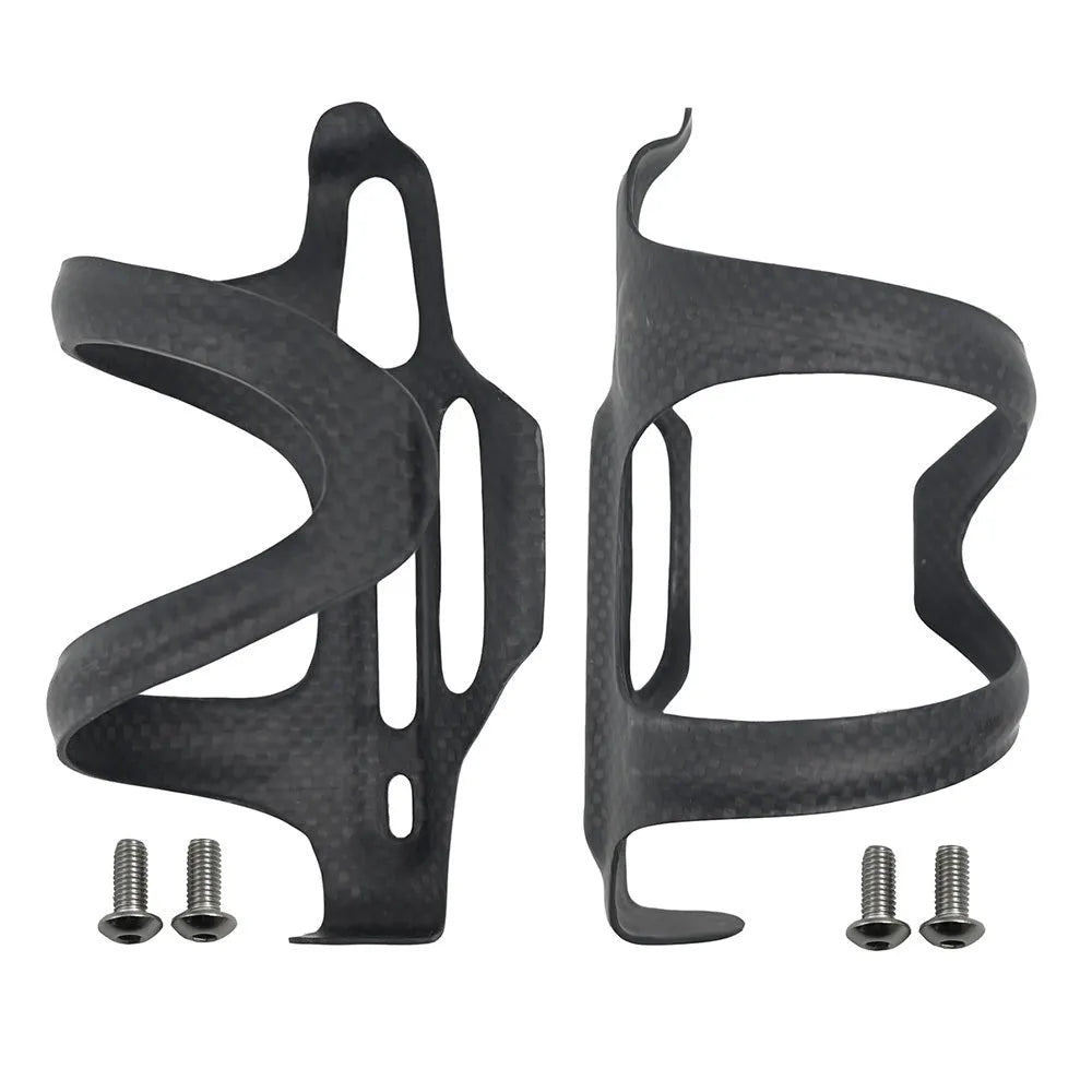 Black carbon fibre side pull water bottle cage for bicycles with 145mm height and 76mm width
