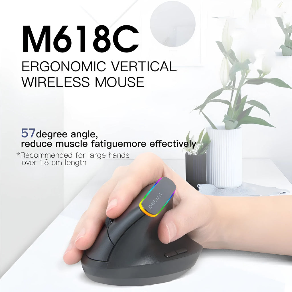 M618C vertical ergonomic wireless RGB mouse in black or white with hand-held design