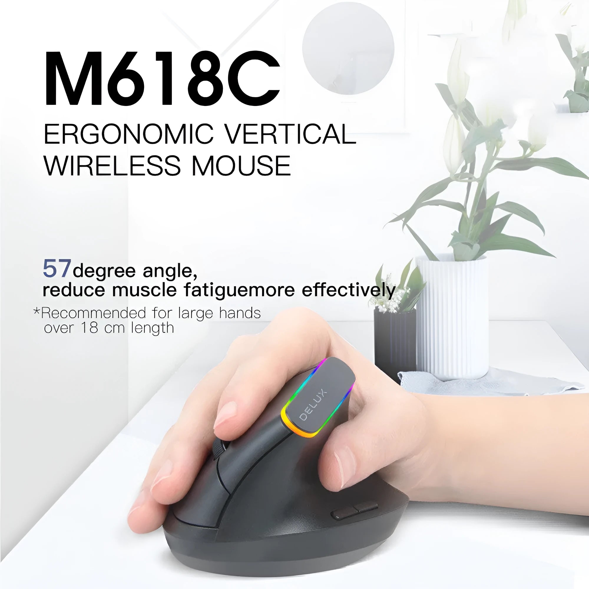M618C vertical ergonomic wireless RGB mouse in black or white with hand-held design