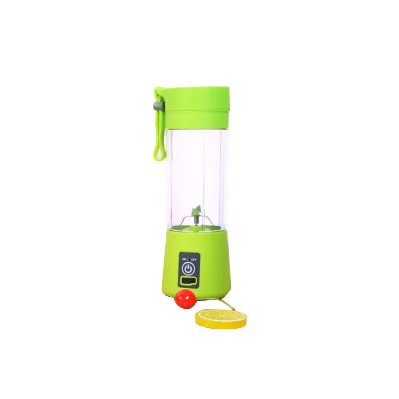 Mini USB electric fruit juicer in pink with stainless steel blade and carry rope