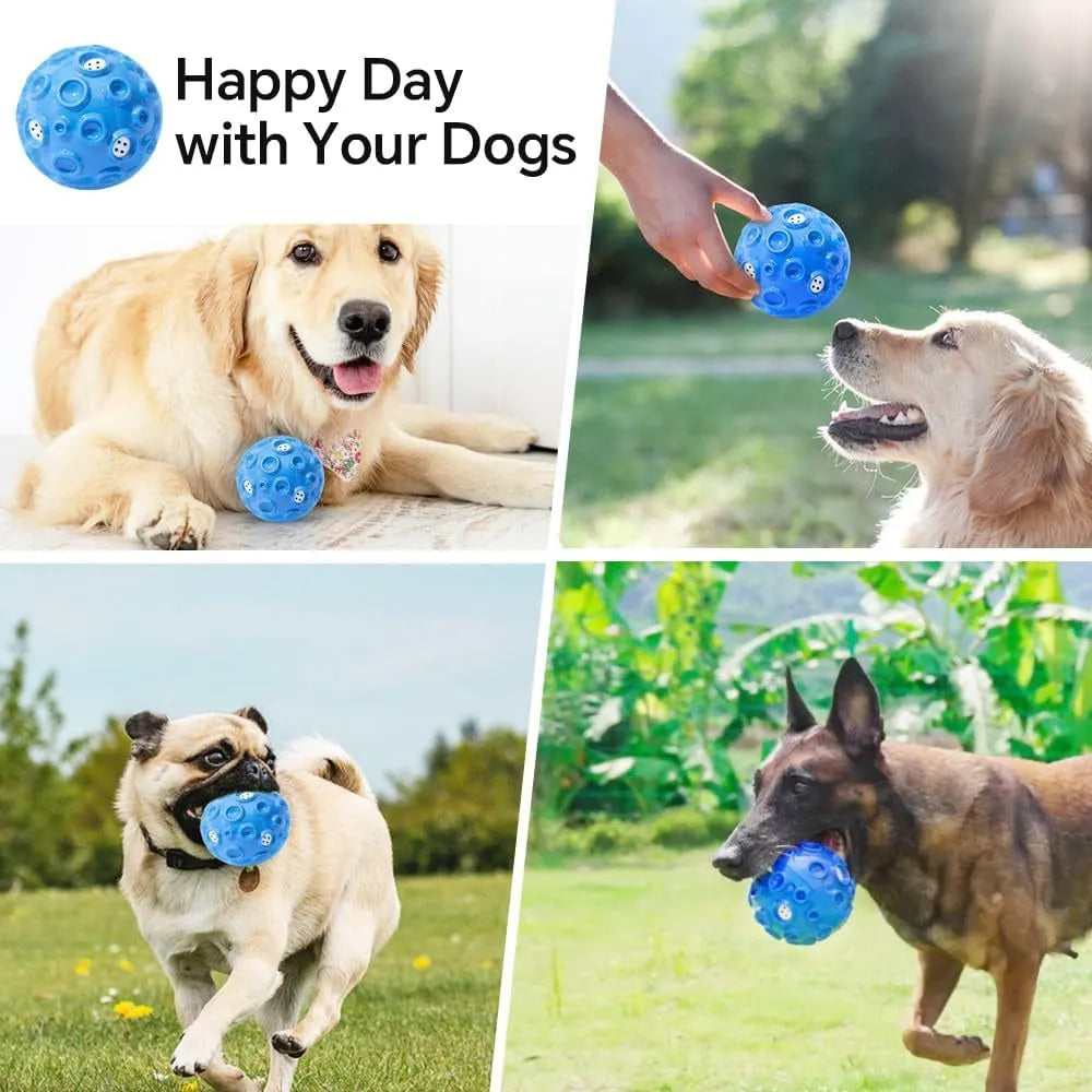 Dog toy ball in black, blue, green, orange, or yellow with squeaky sound generator and teeth-cleaning bumps
