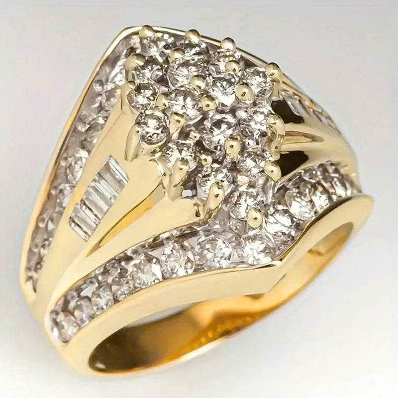 Geometric copper ring with gold electroplated finish showing palace style detailing