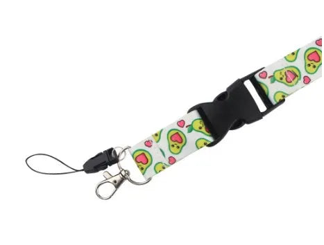Fruit avocado cartoon print on a double-sided blue polyester lanyard with a silver metal buckle.