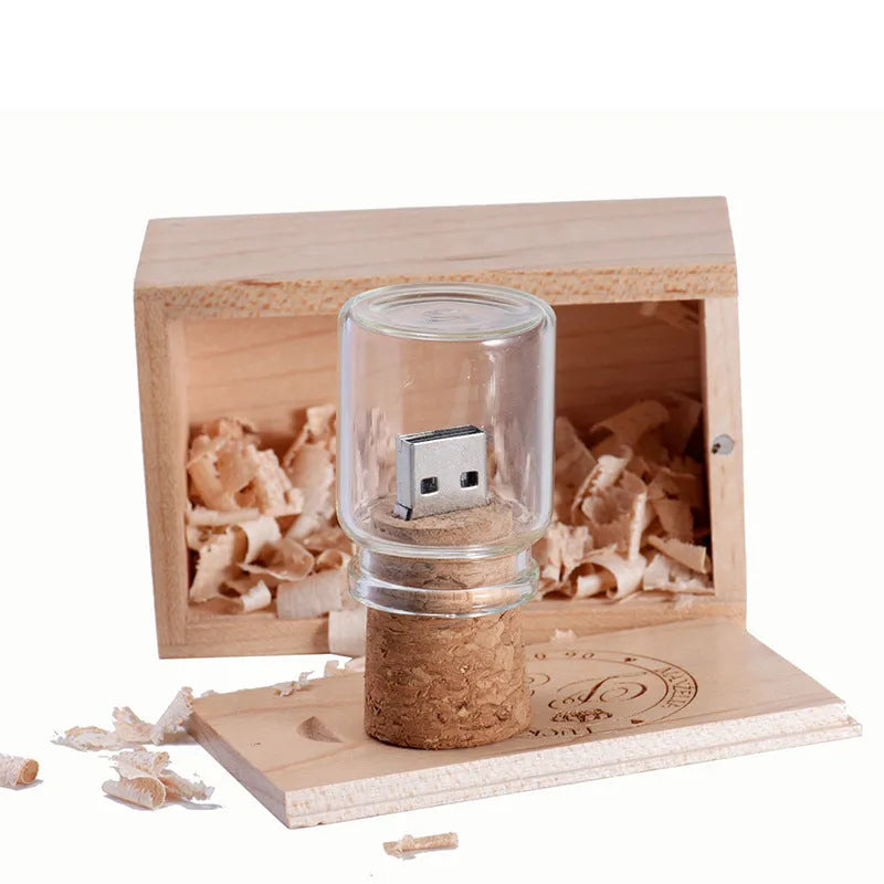 Chocolate brown wooden USB storage disk with personalised lettering, measuring 8.5cm by 5.6cm by 4.4cm