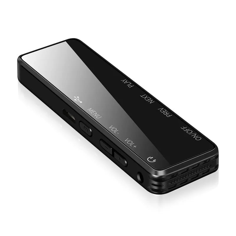 Black zinc alloy USB flash drive voice recorder and MP3 player shown next to its USB cable.
