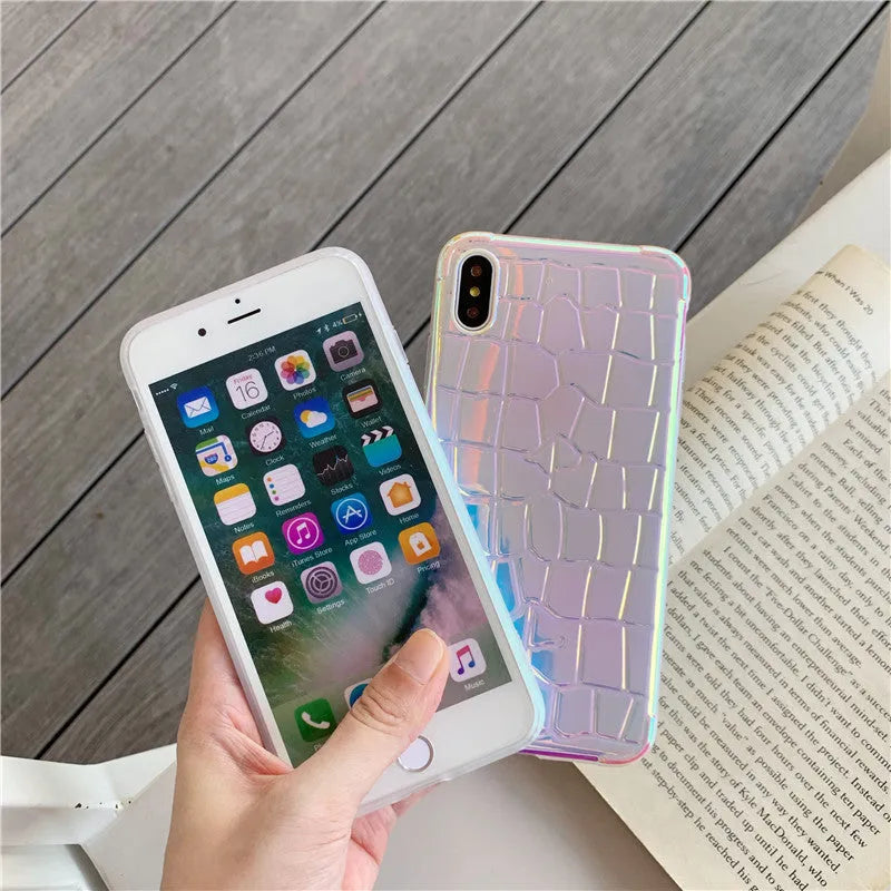 Silver glossy laser-effect silicone back cover case for iPhone with lanyard hole.
