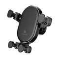Black car air vent phone holder with 360-degree rotating bracket on a grey background.