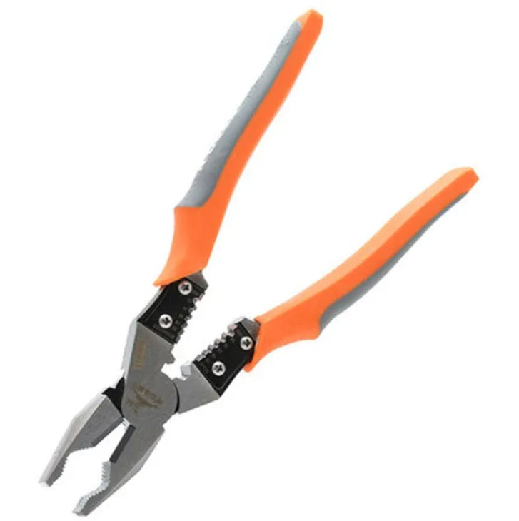 Orange multi-function wire cutter with chrome molybdenum steel head and textured PVC handles for electrical work