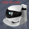 Smart home mobile surveillance robot camera in white with automatic docking station, dimensions 95x94x89mm