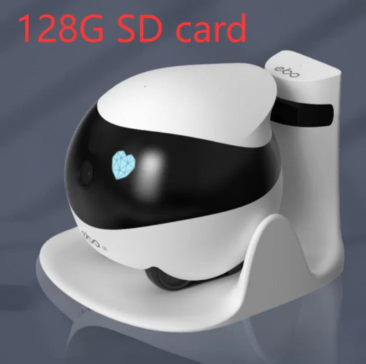 Smart home mobile surveillance robot camera in white with automatic docking station, dimensions 95x94x89mm