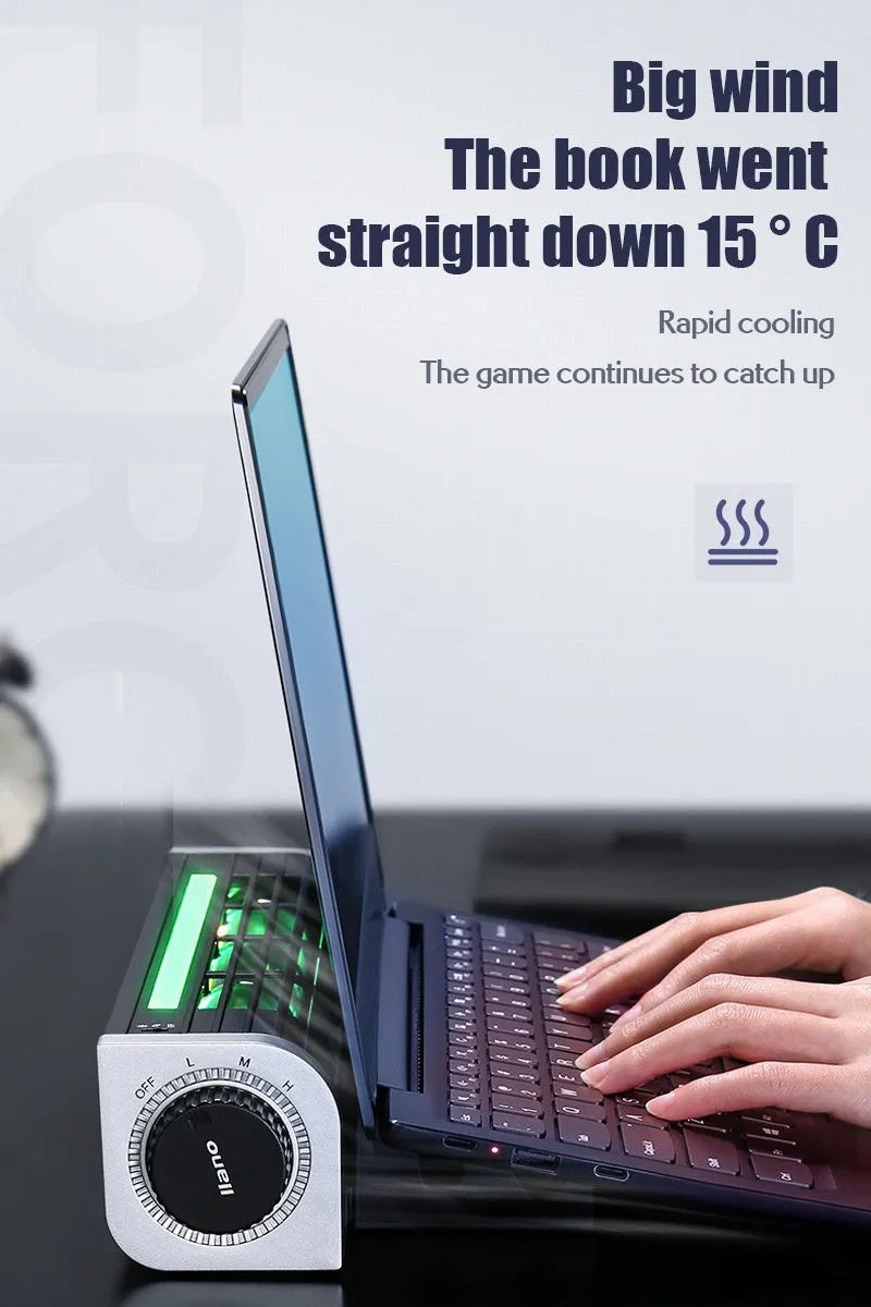 Black notebook cooler with adjustable fan for laptop temperature management, showing dimensions and USB power connection