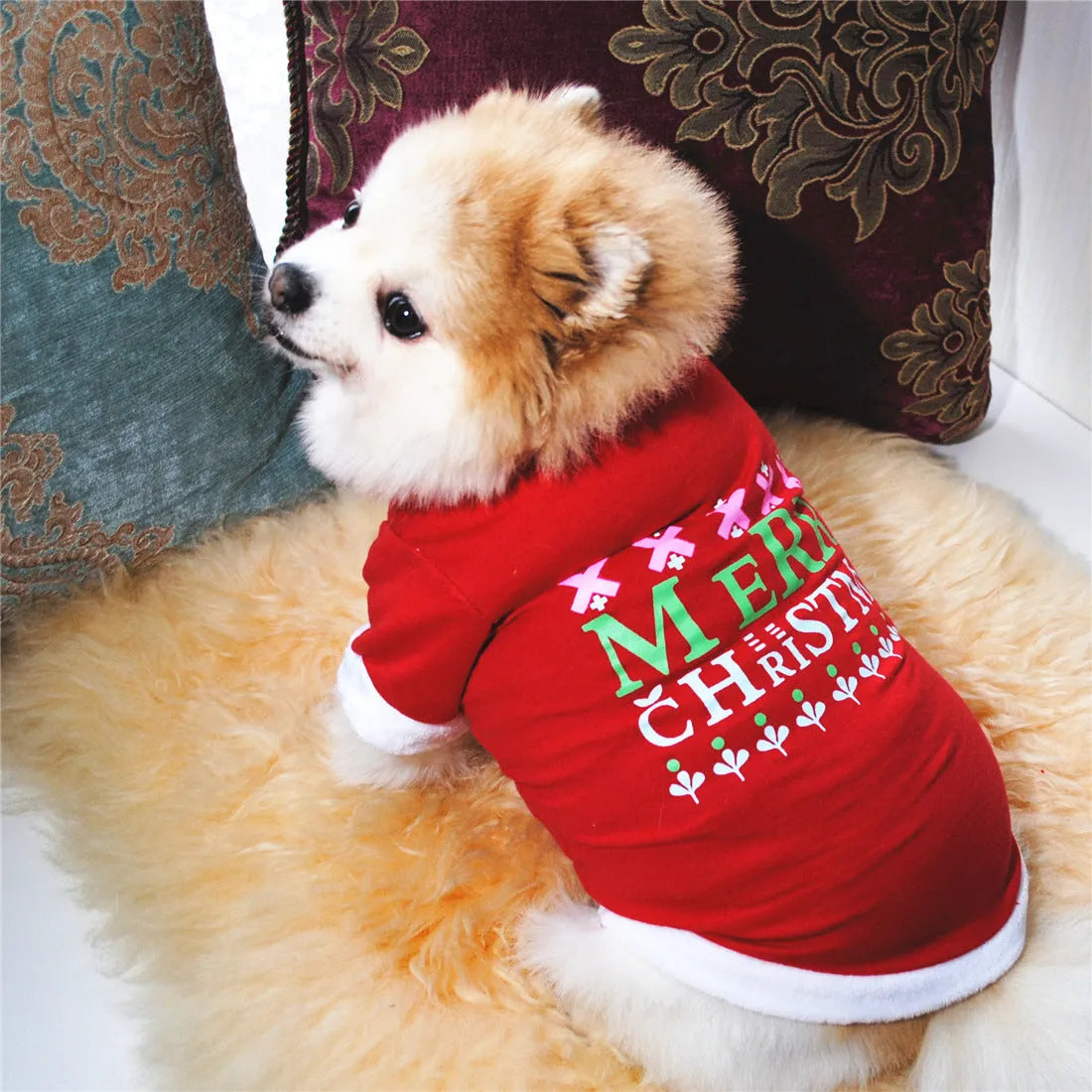 Christmas dog dress with hairy border, cotton terry fabric, green bar, red, or red bar, sizes XS to L