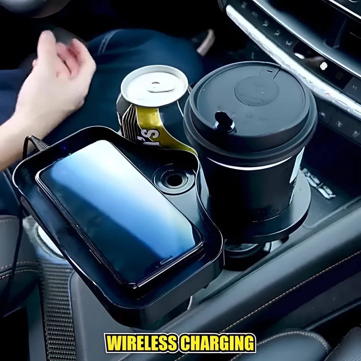 Car cup holder with wireless charging, ABS dashboard mount, 15W output, Type-C line, instrument panel use.