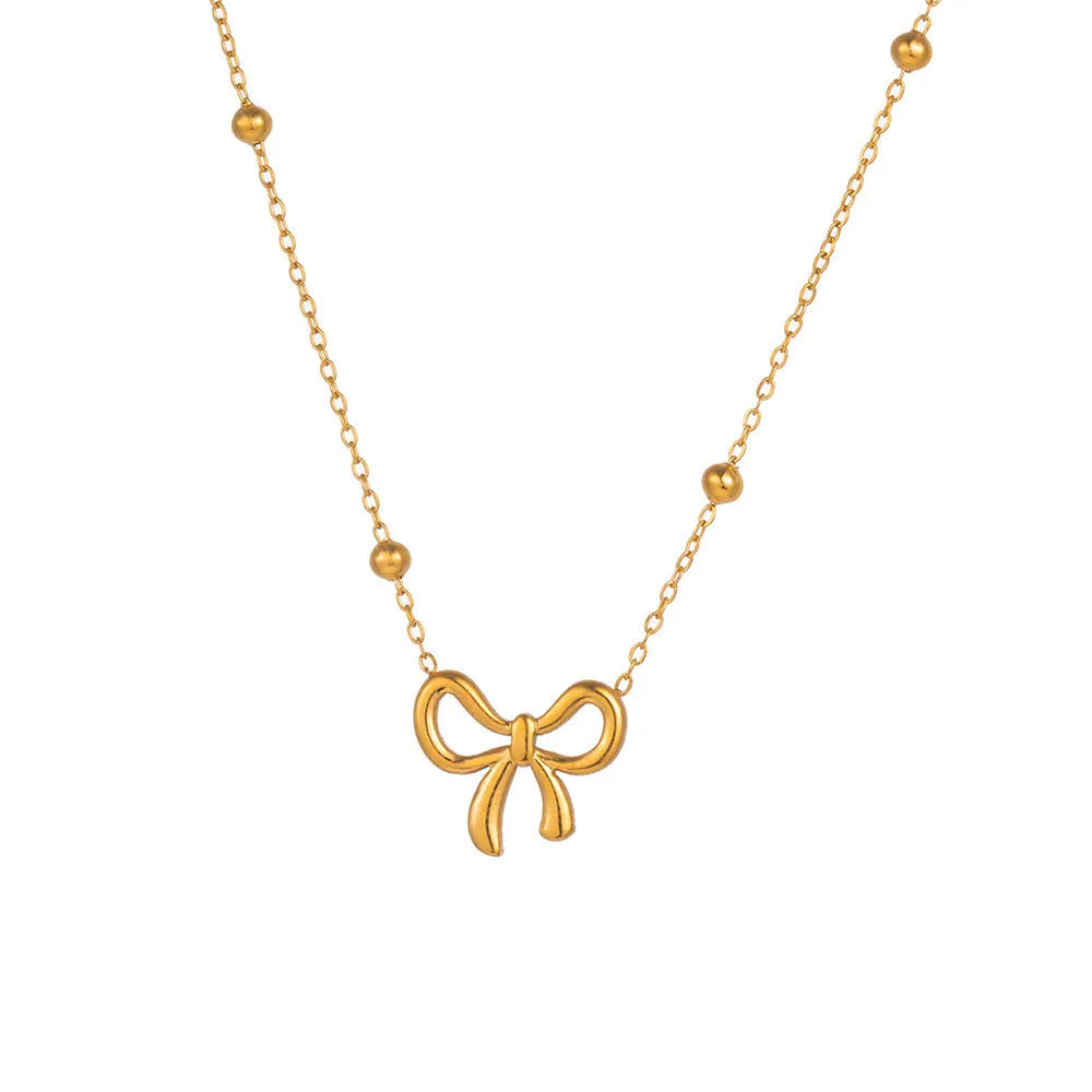 Gold bow necklace with adjustable 41-50cm titanium steel cross chain, European fashion design