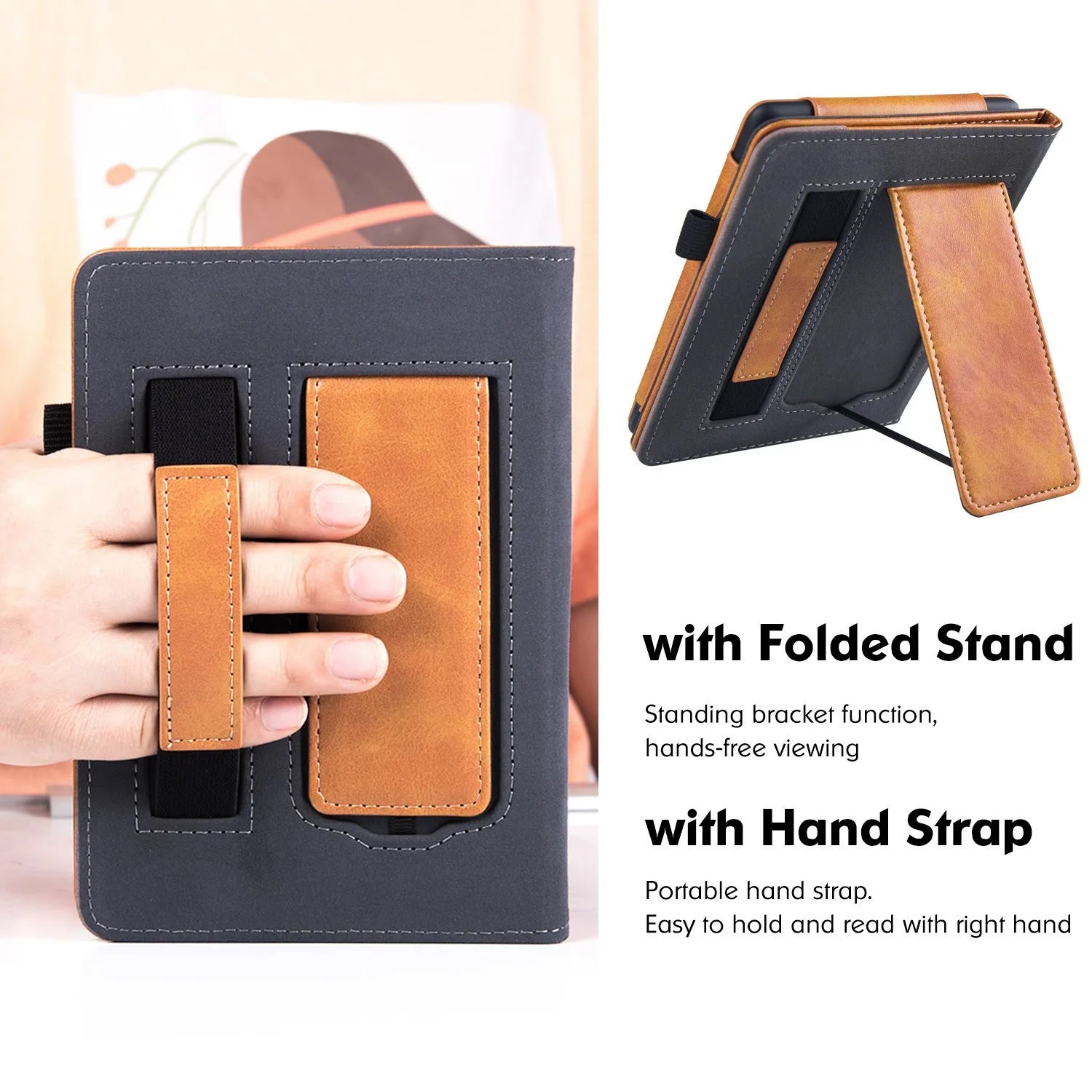 Kindle Paperwhite 5 leather case with wrist splint bracket in various colours like Black Calfskin and Starry Sky