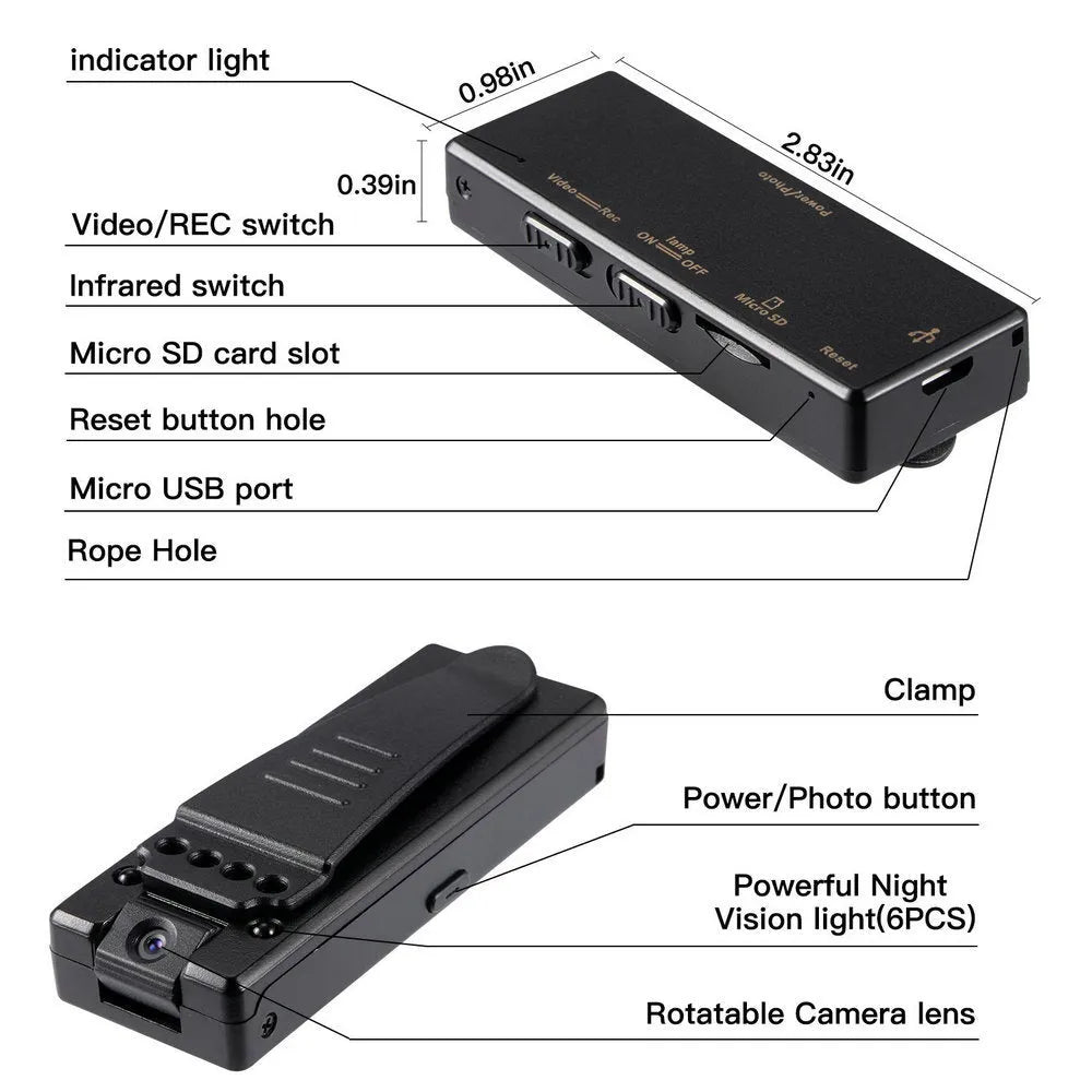 Black 1080p HD DV home camera with 90-degree rotation, night vision, and TF card slot for home security.