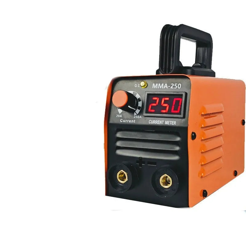 Portable MMA-250 style 110V welding machine with mask, hammer, gloves, and cables.