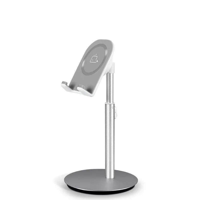 Silver S1 model metal desktop holder with a mobile phone and tablet showing universal 3-11 inch fit.