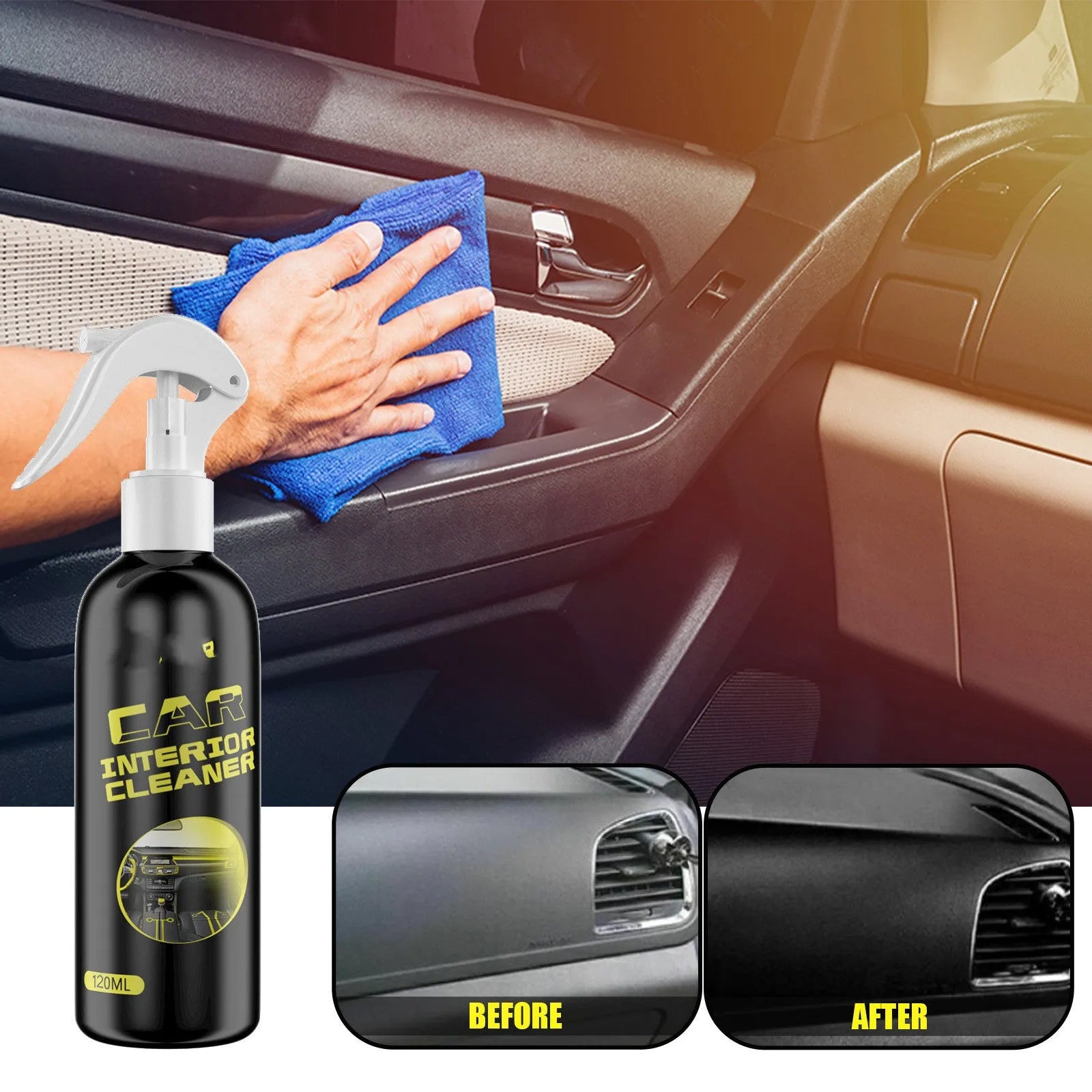 120ml car interior renovation cleaner bottle for leather and plastic surfaces, 18cm tall