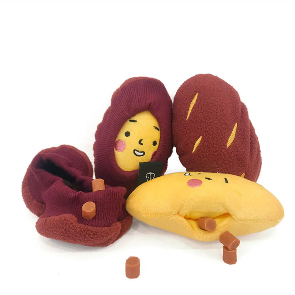 Sweet potato pet puzzle toy with removable peel showing internal food pockets for hiding treats