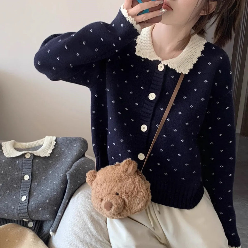 Retro floral Peter Pan collar knitted cardigan coat in grey, shown with button fastening.