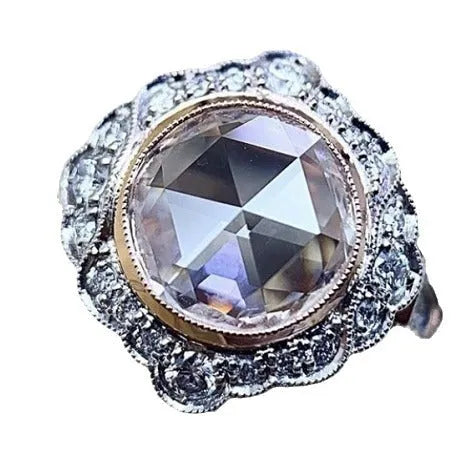 Rose gold two-tone alloy ring with inlaid moissanite, geometric women's design, sizes 6 to 10