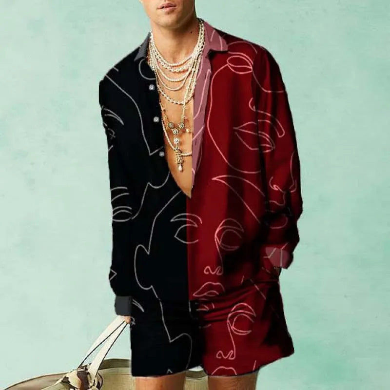 Men's casual summer shirt and shorts set in slim fit with long sleeves, colour-matched design, sizes S to 5XL