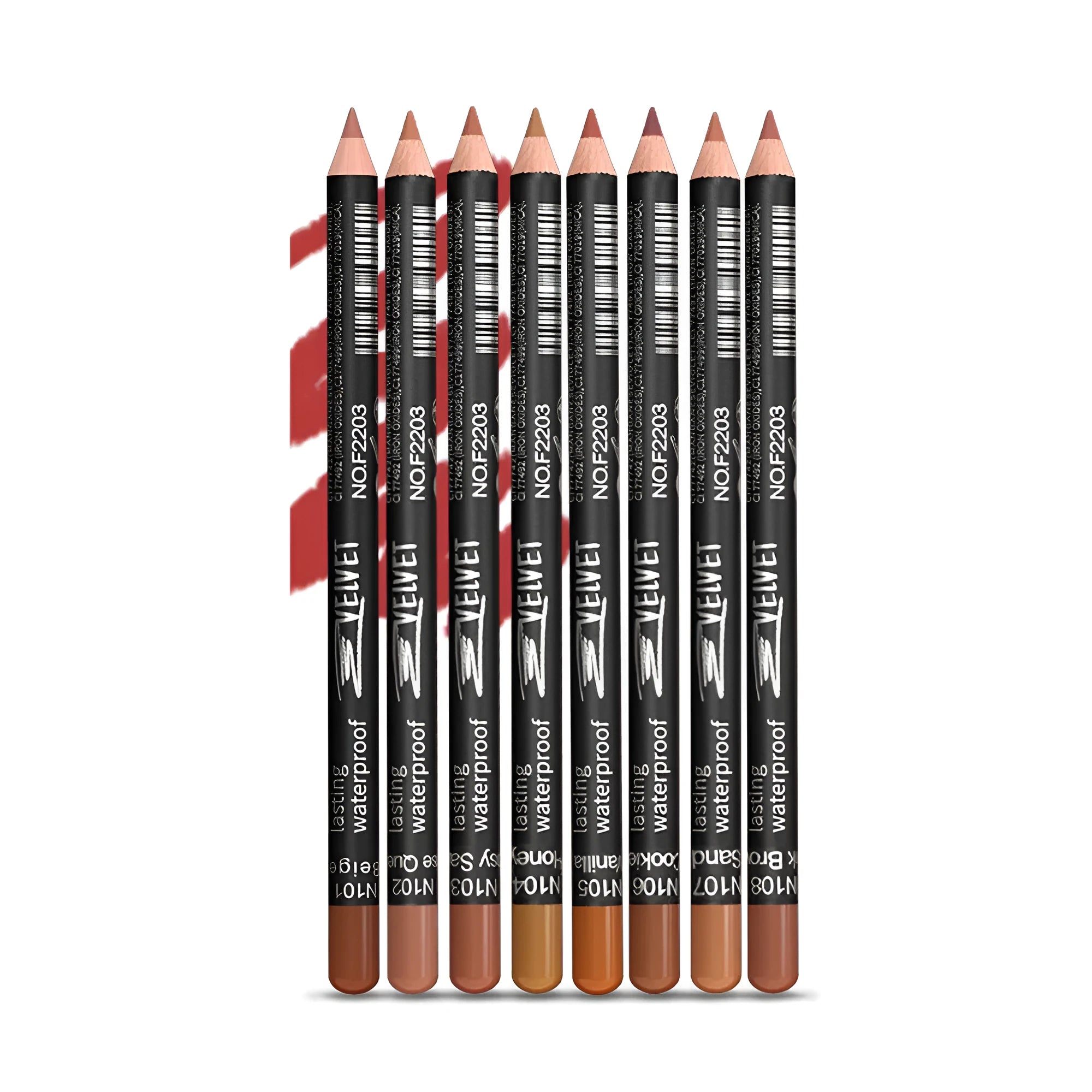 A wood-cased matte lip liner pencil shown with 14 colour shade options from 201 to 214.