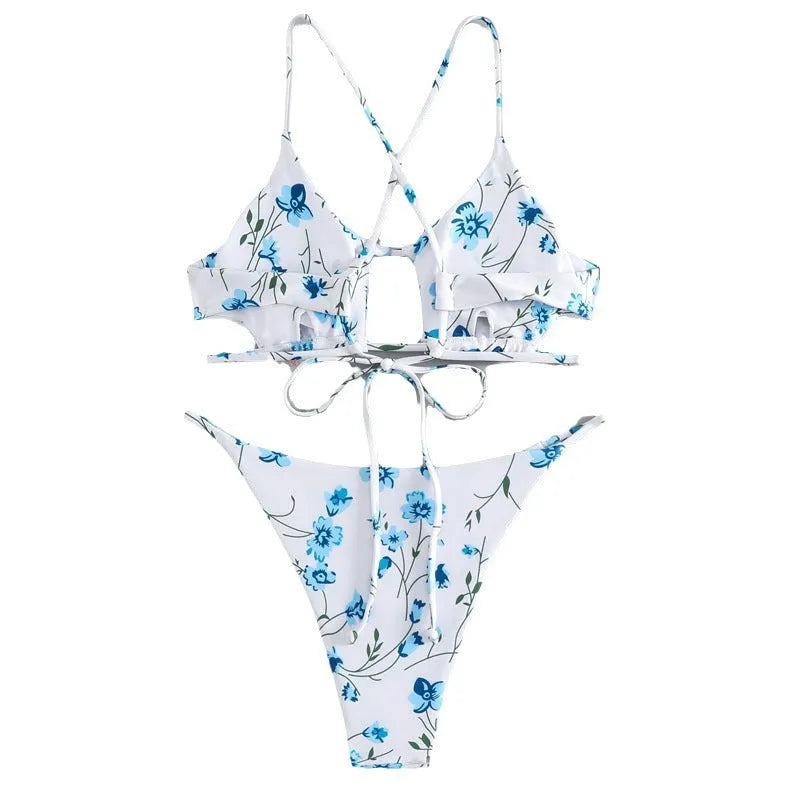 Women's floral patterned tie-neck triangle bikini top with matching shorts swimwear set