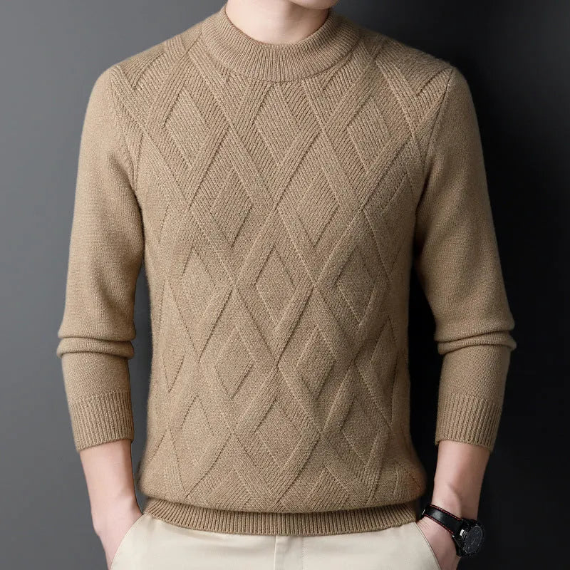 Men's winter sweater in diamond jacquard craft, available in light camel and other colours, with size options from 165 to 190 yards.